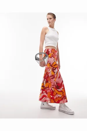 Topshop – Asymmetrischer, bunter Maxirock mit orangem Blumenmuster