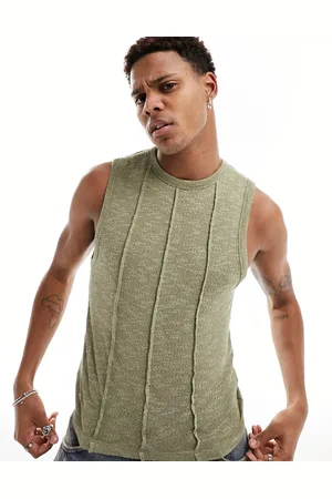 ASOS – Strukturiertes Muskel-Trägertop in Khaki mit Ziernähten