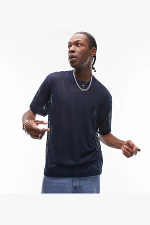 Topman – Oversize-T-Shirt aus blauem Mesh mit Rautenmuster