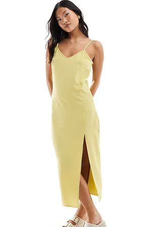 VILA – Camisole-Midikleid aus Leinenimitat in Pastell-Limettengrün mit Schlitz vorne