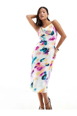 VILA – Satin-Midikleid mit Rückenschnürung und verschwommenem Grafikprint