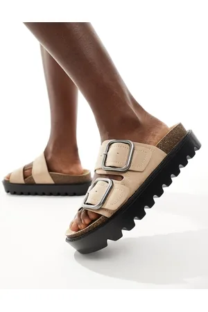 Pull&Bear – Sandalen aus Wildlederimitat in Steinbeige mit zwei Riemen
