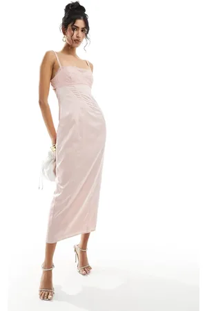 ASOS – Midi-Bleistiftkleid in aus Satin mit Korsett und Spitzen-Overlay