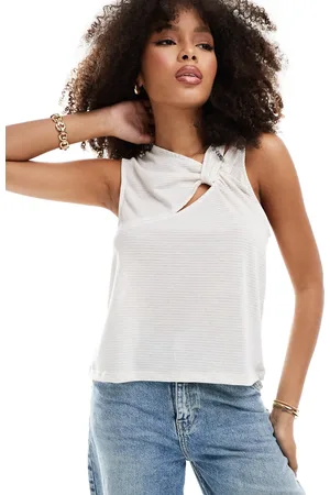 SCALPERS – Gestreiftes T-Shirt in Beige mit Knoten- und Trägerdetail