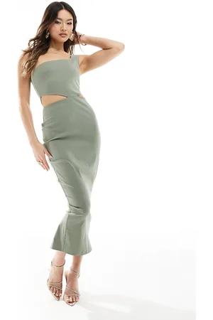 Vesper – Midikleid in Olivgrün mit One-Shoulder-Träger und Zierausschnitten in der Taille