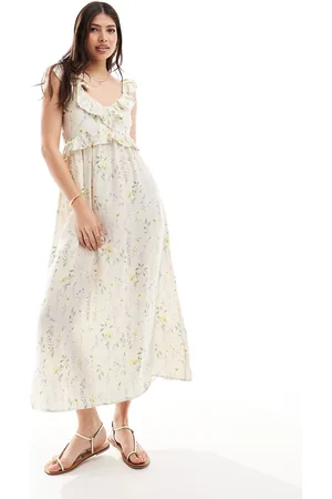 VERO MODA – Maxikleid mit zartem Blumenmuster, Rüschen und V-Ausschnitt