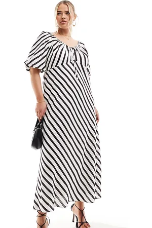 Forever New – Midaxikleid in Braun und Creme gestreift mit Puffärmeln