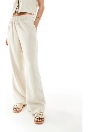 Abercrombie & Fitch – Leinenmix-Hose in Beige mit weitem Bein, Kombiteil