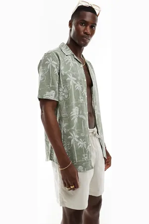 Only & Sons – Leinenmix-Hemd in Salbeigrün mit Hawaii-Muster und Reverskragen