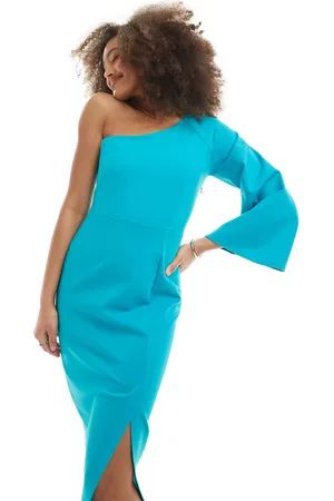 Closet – Bleistiftkleid in Aquablau mit One-Shoulder-Ärmel