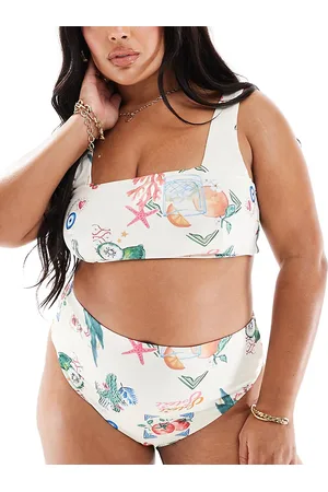 ASOS Curve – Bikinihose mit Postkarten-Print, hohem Beinausschnitt und hohem Bund