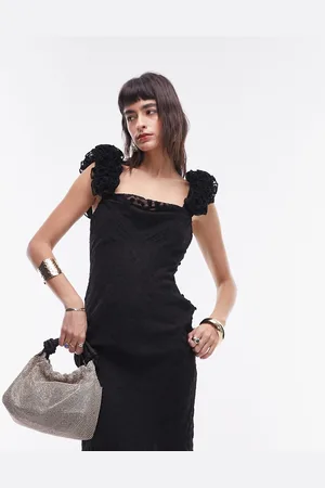 Topshop – Hochwertiges Maxi-Trägerkleid in mit 3D-Rüschenärmeln und Jacquard-Punktmuster