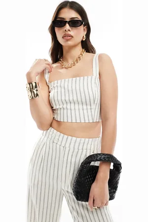 Stradivarius – Camisole-Oberteil in Leinenoptik mit eckigem Ausschnitt und rustikalem Streifenmuster, Kombiteil