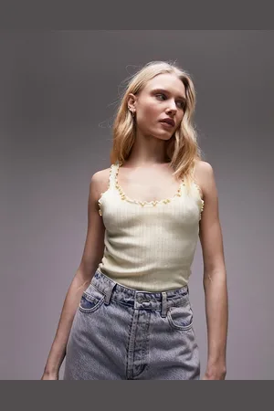Topshop – Pointelle-Camisole in Zitronengelb mit Kräuselsaum