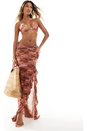South Beach – Maxi-Sarong in Rostrot mit abstraktem Print und Rüschen