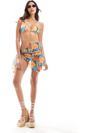 Missyempire Missy Empire Exklusiv – Seitlich gebundener Sarong aus Netzstoff in Orange mit Blumenmuster, Kombiteil