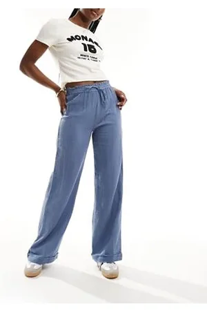 Pull&Bear – Hose in Blau mit Knitterstruktur und Tunnelzug in der Taille