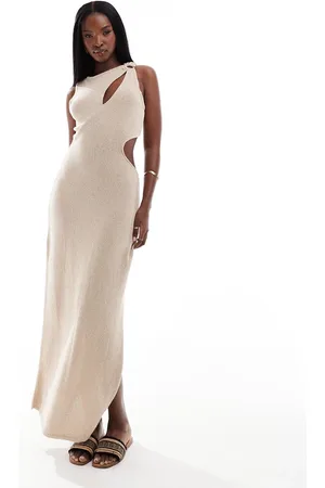 ASOS – Wadenlanges, langärmliges Strickkleid in Taupe mit Metalldetail und Zierausschnitten