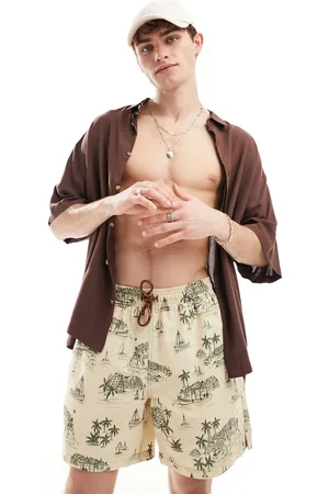 Hunky Trunks – Badeshorts in Cremeweiß mit Insel-Landschafts-Prints