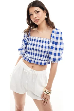 Stradivarius – Oberteil mit blauem Vichy-Karo und eckigem Ausschnitt