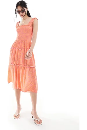 VERO MODA – Gerafftes Camisole-Midikleid in Korallenrot mit Blumenmuster