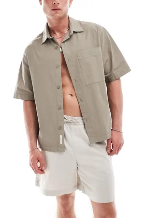 Pull&Bear – Kastiges Hemd in Sand mit Reverskragen