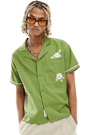 Native Youth – Kurzärmliges Leinenhemd in Khaki mit Reverskragen und Stickerei