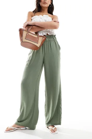 JDY – Hose in Leinenoptik in Khaki mit Paperbag-Bund und weitem Bein