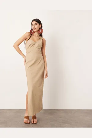 ASOS – Maxikleid in Steinbeige mit One-Shoulder-Träger und welligem Detail