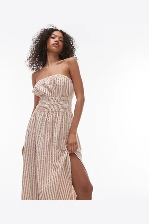 Topshop – Trägerloses, strukturiertes Strandkleid in gestreiftem Braun