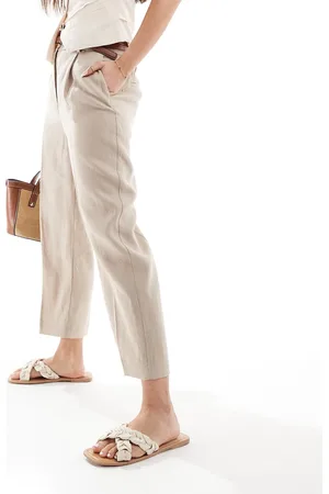 MANGO – Schmal geschnittene Leinenhose in Beige mit elastischem Bund
