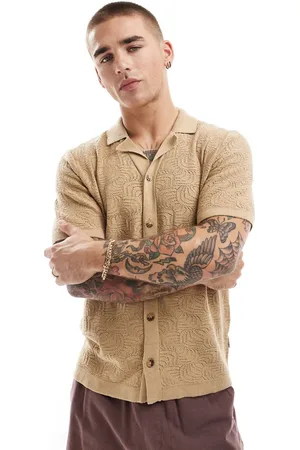 Only & Sons – Hemd in Hellbraun mit Lochstrickmuster und mit Reverskragen