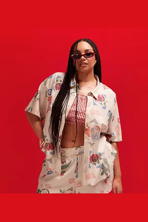 ASOS Curve – Strandshorts aus Leinenimitat mit Postkartenprint, Kombiteil