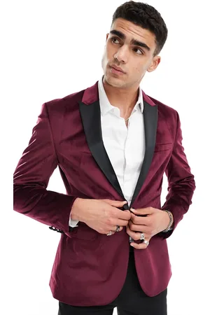 ASOS – Eng geschnittener Smoking-Blazer in Burgunderrot aus Samt
