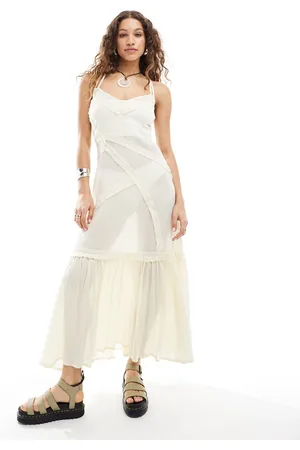 COLLUSION – Beach – Maxi-Strandkleid in naturfarbem Leinenlook mit Ziernähten