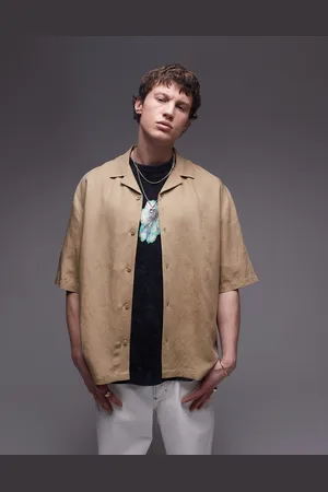 Topman – Kurzärmliges, kastiges Hemd aus Leinen-Mix in Steinbeige, Kombiteil
