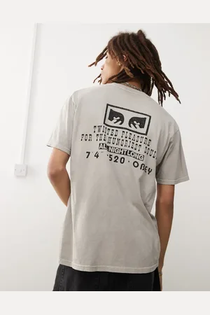 Obey – Stückgefärbtes T-Shirt in Steingrau mit Print hinten