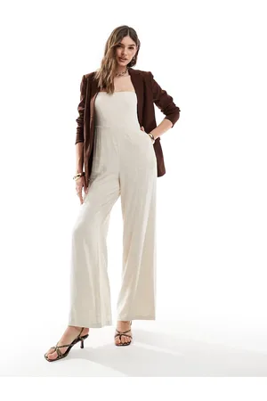4th & Reckless – Trägerloser Leinenmix-Jumpsuit in Beige mit weitem Bein