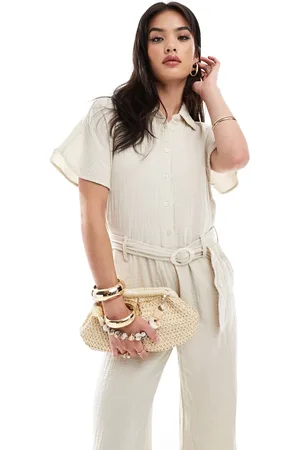 MANGO – Jumpsuit in weißer Leinenoptik mit Gürtel