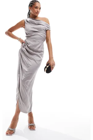 & OTHER STORIES – Wadenlanges, drapiertes Satin-Kleid in mit Seitenschlitz und abfallender Schulterpartie mit Wasserfall-Design
