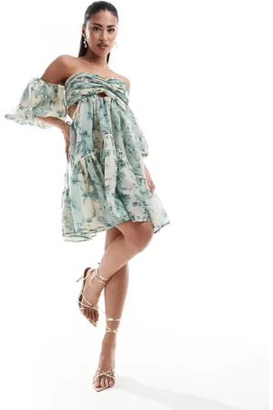 ASOS – Geblümtes, schulterfreies Minikleid mit Zierausschnitten und Puffärmeln