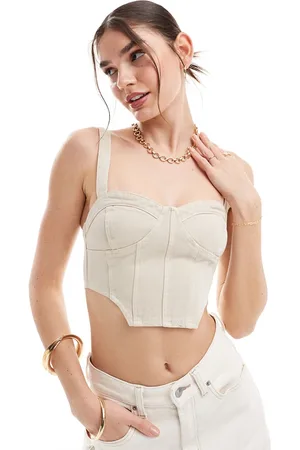 Miss Selfridge – Bustier im Korsettstil aus Denim in Steinbeige