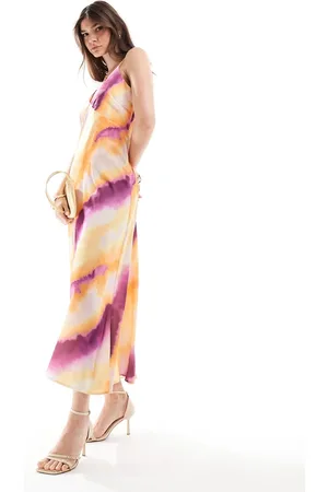 Y.A.S Y.A.S – Satin-Maxikleid mit V-Ausschnitt und Aquarell-Streifen in Sonnenuntergangsfarben