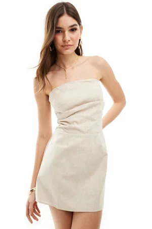 SNDYS – Trägerloses Leinen-Minikleid in Steinbeige mit Raffung