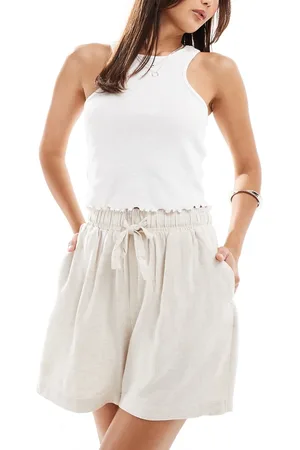 Object – Leinen-Shorts in Creme mit Taillenschnürung