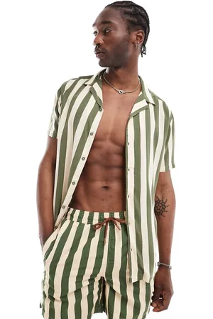 Hunky Trunks – Strandhemd in Khaki und Creme gestreift, Kombiteil