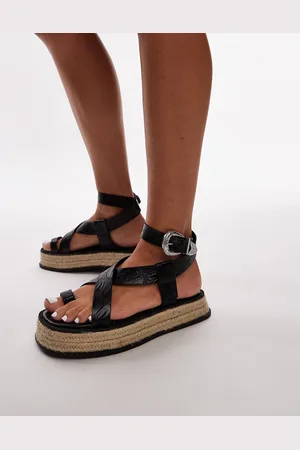 Topshop – Jackson – Espadriles-Riemchensandalen in Krokoschwarz mit Zehenschlaufe