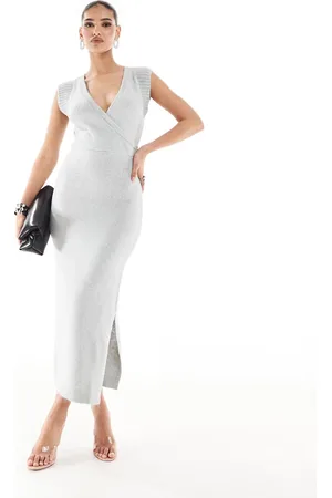 River Island – Midikleid in meliertem Grau mit gewickelter Seite