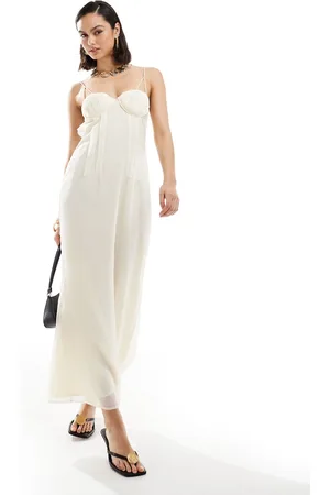 ASOS – Midi-Bleistiftkleid aus Chiffon in Elfenbeinweiß mit Körbchen, Einsätzen und Cut-Out