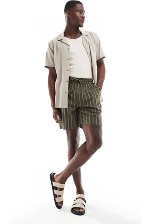 Only & Sons – Schlupf-Shorts aus Leinenmix in gestreiftem Khaki